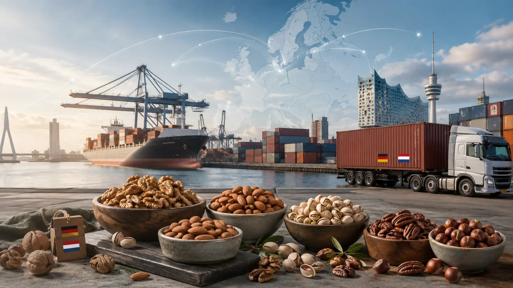 Frutos secos frente a un puerto del norte de Europa con grúas, contenedores con banderas de Alemania y Países Bajos y rutas comerciales sobre el mapa europeo