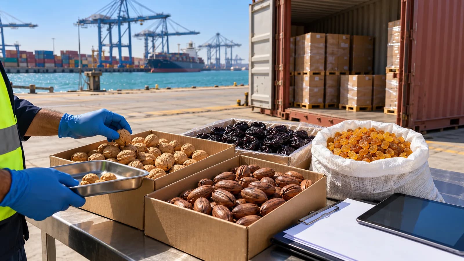 Inspector con guantes azules toma una muestra de nuez con cáscara sobre una mesa de acero en un muelle del puerto de Yeda, junto a cajas de nuez pecán y ciruela pasa y un saco de pasas doradas, con un contenedor abierto, grúas pórtico y el mar Rojo al fondo