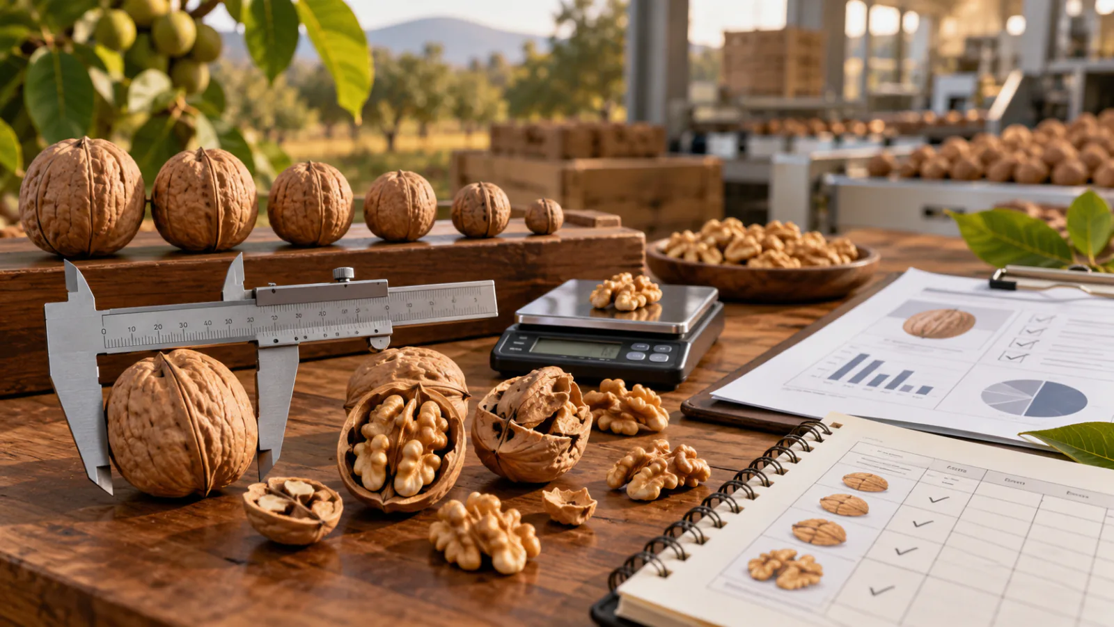 Calibre, rendimiento y merma: cómo leer una ficha técnica de nuez antes de firmar Mesa de control de calidad con nueces peladas, calibrador, balanza y una ficha técnica con especificaciones de producto