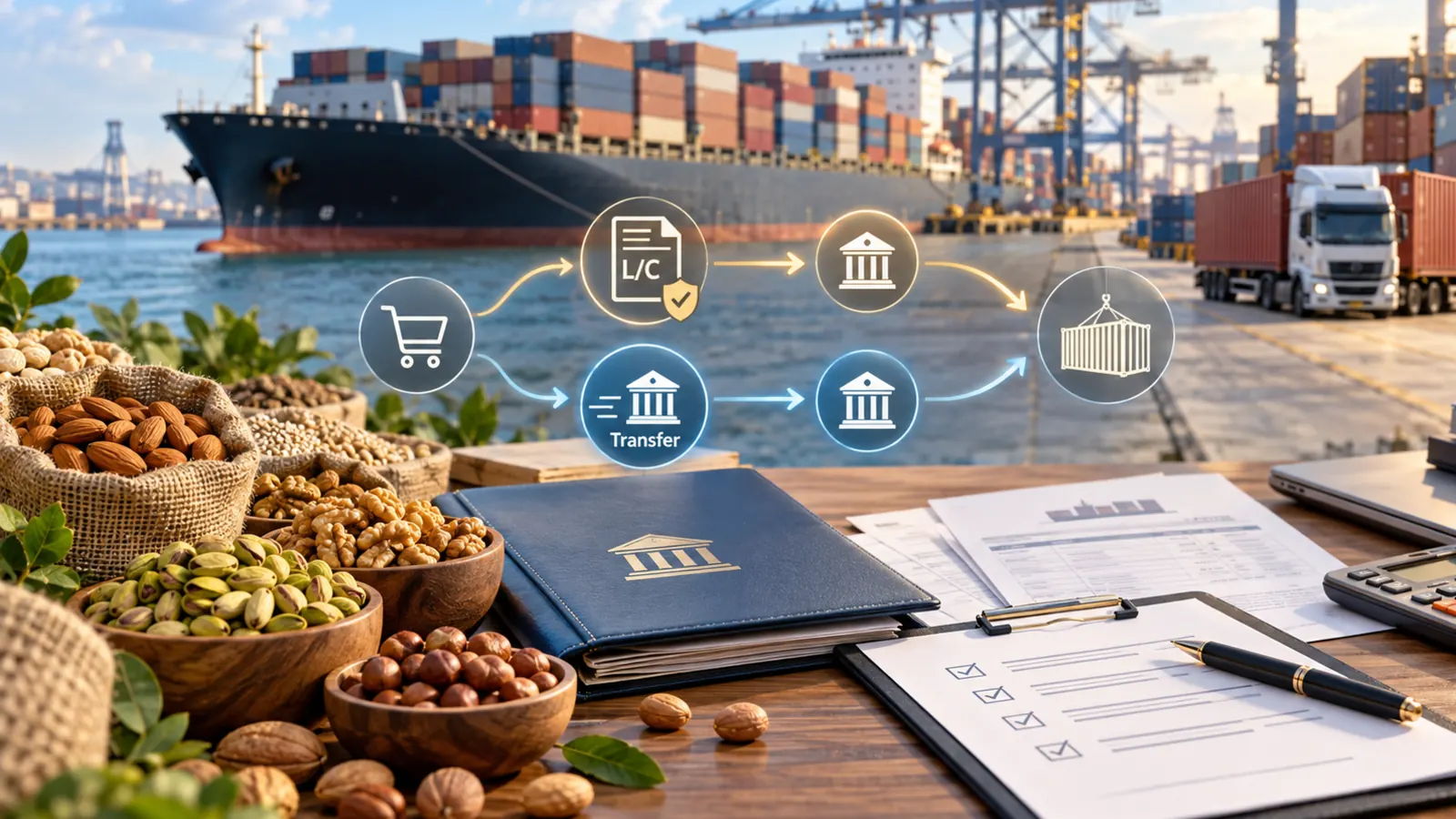 Tavolo di lavoro con sacchi e ciotole di noci, mandorle, pistacchi e nocciole, cartella bancaria, checklist dei documenti e calcolatrice; sullo sfondo un porto con una nave portacontainer e uno schema dei due percorsi di pagamento, lettera di credito e bonifico, fino al container