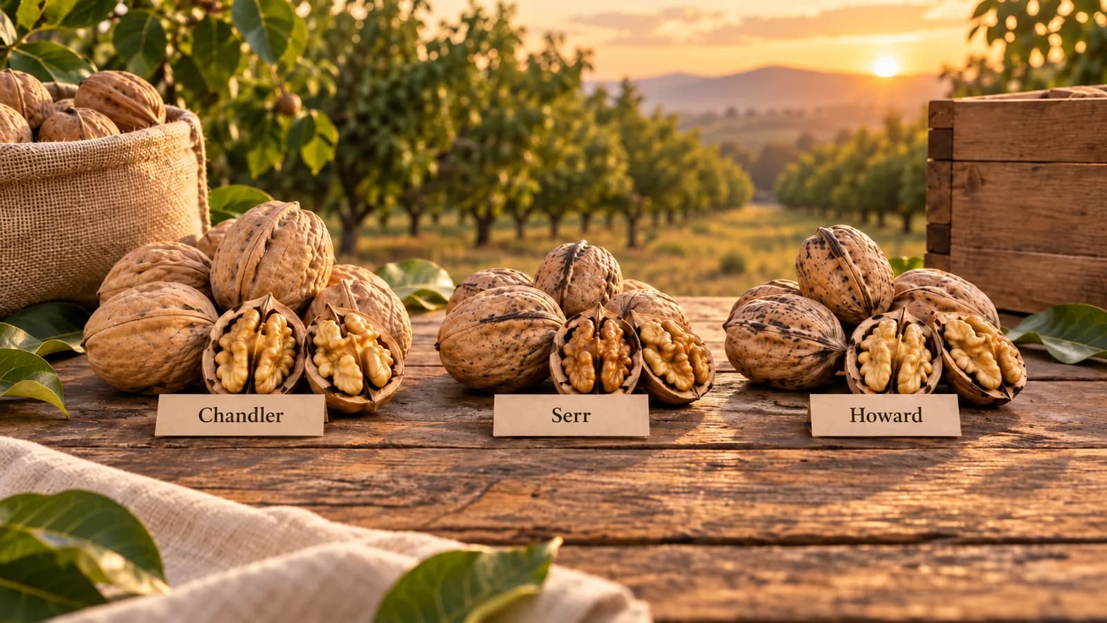 Nueces Chandler, Serr y Howard con cáscara y abiertas, agrupadas y etiquetadas sobre una mesa de madera, con un nogal al atardecer al fondo