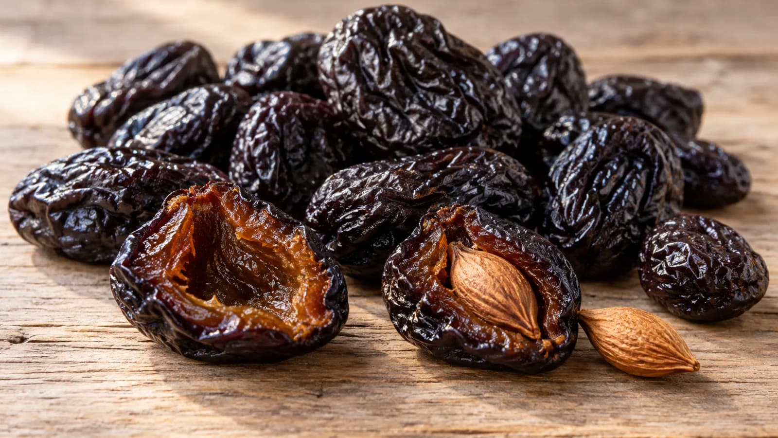 Prunes: Chile, Argentina or California, and how to buy them Dark, wrinkled D'Agen prunes on a rustic wooden table; in front, one opened pitted prune and another with its pit showing, next to a loose pit