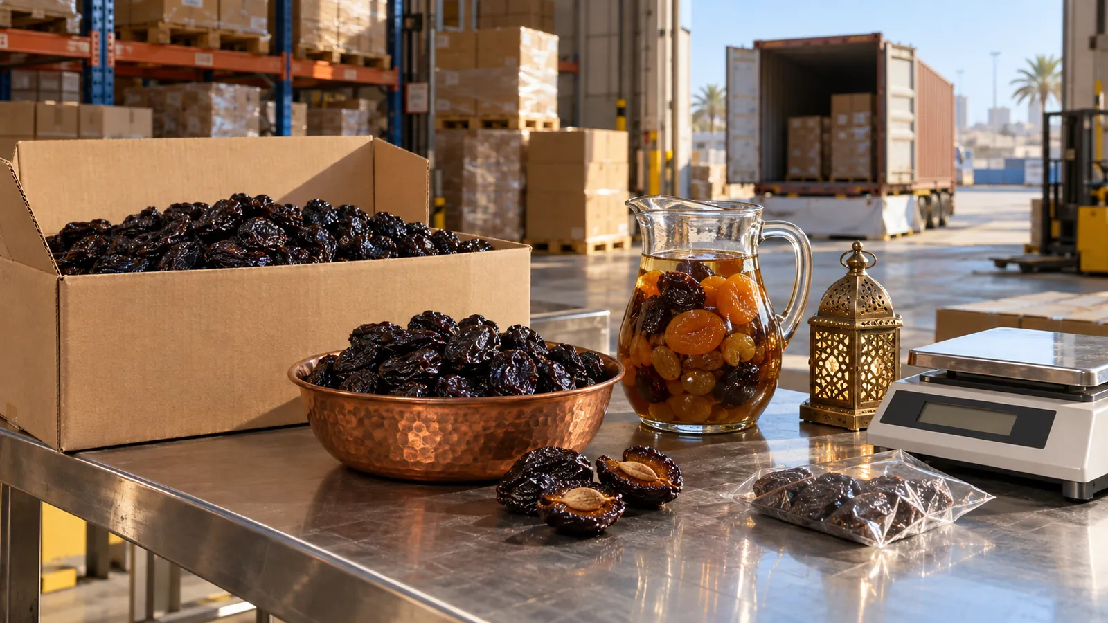 Stainless-steel table in an importer's warehouse in Jeddah with an open carton of prunes, a copper bowl of more prunes, two prunes split open to show the pit, a jug of khoshaf, a Ramadan lantern, a scale and a sample bag, with pallets and an open container in the background