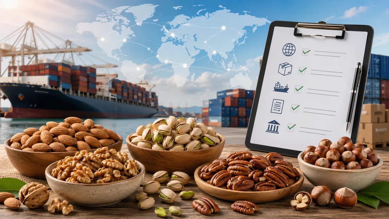 Cuencos de nueces, almendras, pistachos, pecanas y avellanas ante un puerto con buque portacontenedores, mapa de rutas comerciales y checklist de importación