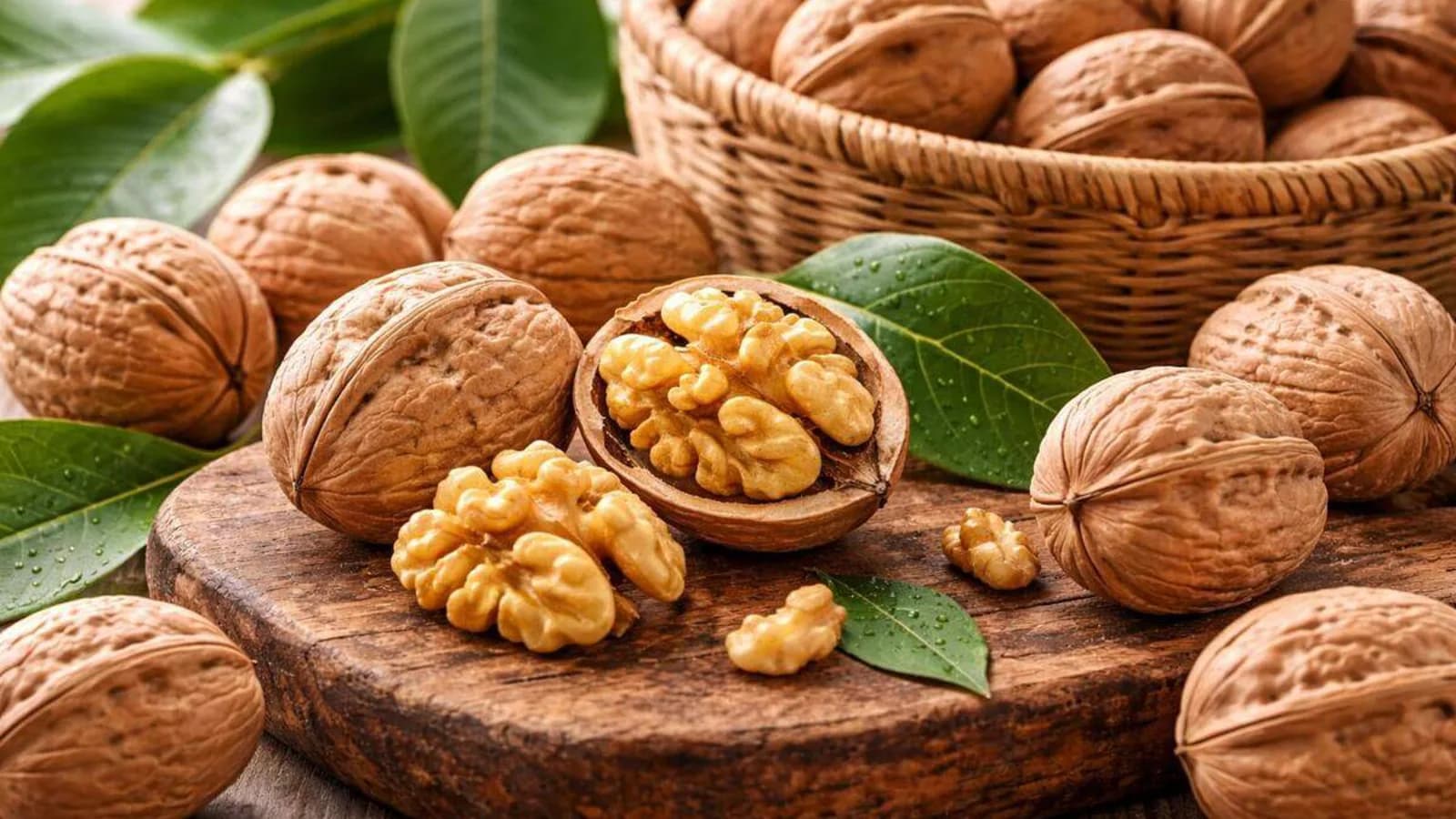 Contraestación: por qué comprar nuez del hemisferio sur entre abril y diciembre Nueces Chandler con cáscara y peladas sobre una tabla de madera, con hojas de nogal y un cesto de nuez de cosecha reciente al fondo