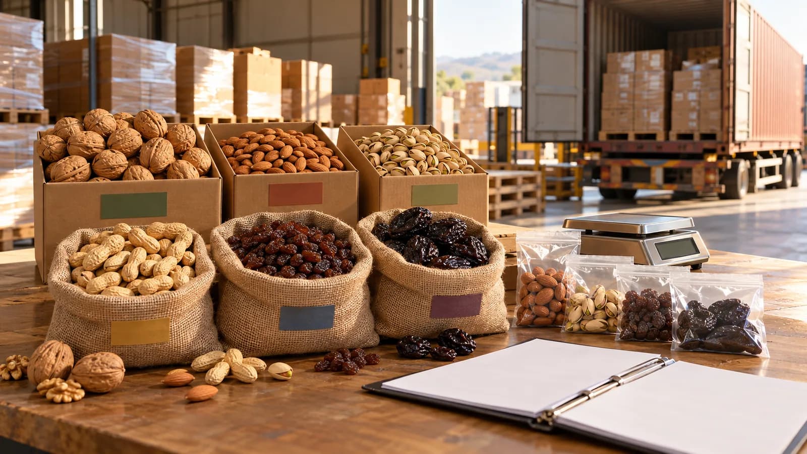 Tavolo di legno nel magazzino di un trader con scatole e sacchi di iuta di noci, mandorle, pistacchi, arachidi, uvetta e prugne secche di origini diverse, bustine di campioni, una bilancia e un raccoglitore di schede tecniche, con pallet e un container aperto sullo sfondo