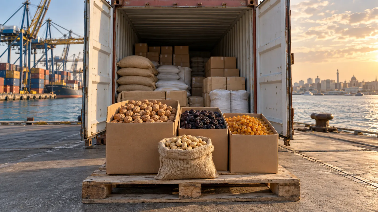 Contenedor abierto en la terminal del puerto de Alejandría con sacos y cajas de nuez con cáscara, ciruela pasa, pasas doradas y maní, con grúas pórtico y el Mediterráneo al fondo