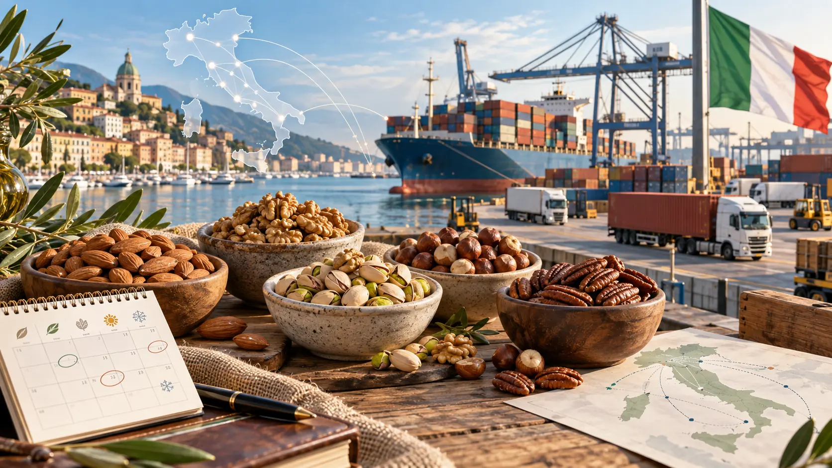 Italia: mercado, puertos y calendario de compra de frutos secos Cuencos de almendras, nueces, pistachos, avellanas y pecanas sobre una mesa de madera en un puerto italiano, con un portacontenedores y camiones al fondo, un calendario de compra y un mapa de Italia