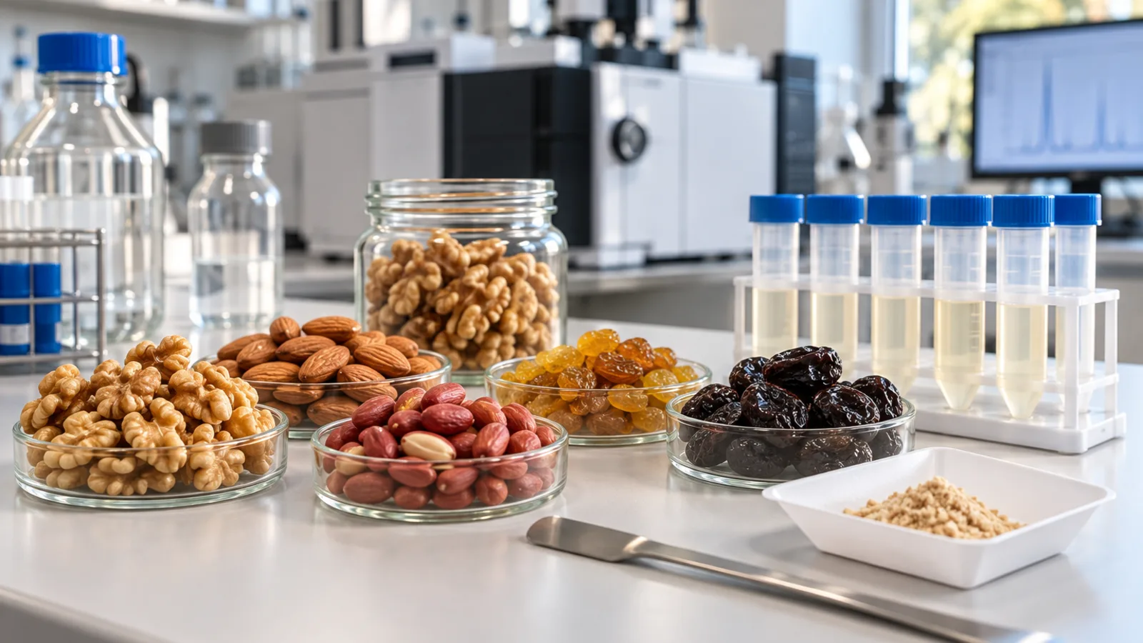 Food testing laboratory bench with samples of walnuts, almonds, red-skin peanuts, golden raisins and prunes in glass dishes, next to a rack of extraction tubes and a ground sample in a weighing boat