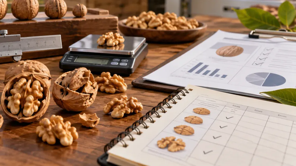 Mesa de evaluación de una muestra de nuez: balanza con grano pelado, nueces partidas para la cata y una planilla con la comprobación de cada pieza
