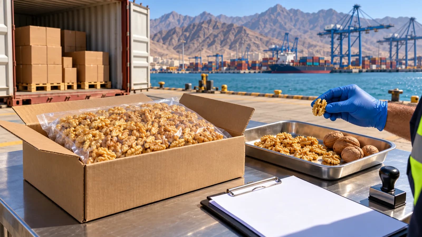 Mano con guante azul inspecciona una mitad de nuez chilena sobre una mesa de acero en un muelle de la costa este de los Emiratos, junto a una caja de exportación con nuez pelada en bolsa al vacío, unas nueces con cáscara y una carpeta con hojas en blanco, con contenedores, grúas y montañas al fondo
