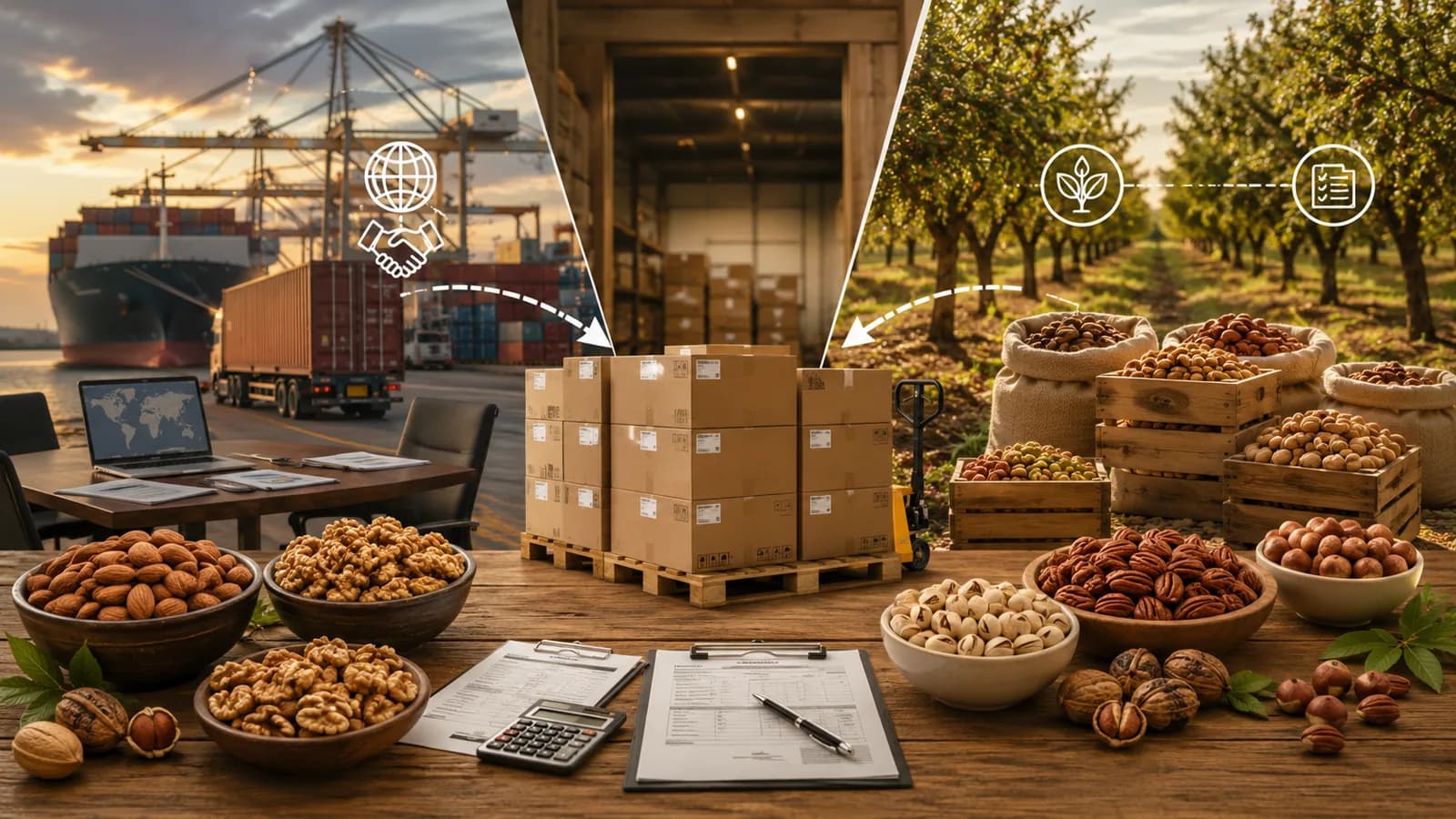 Trading company o compra directa al productor: qué le conviene a un distribuidor Montaje de la cadena de suministro de frutos secos: puerto con buque portacontenedores y camión, pallet de cajas en almacén, huerto con sacos y cajones de nueces, y mesa con cuencos de frutos secos, documentos y calculadora