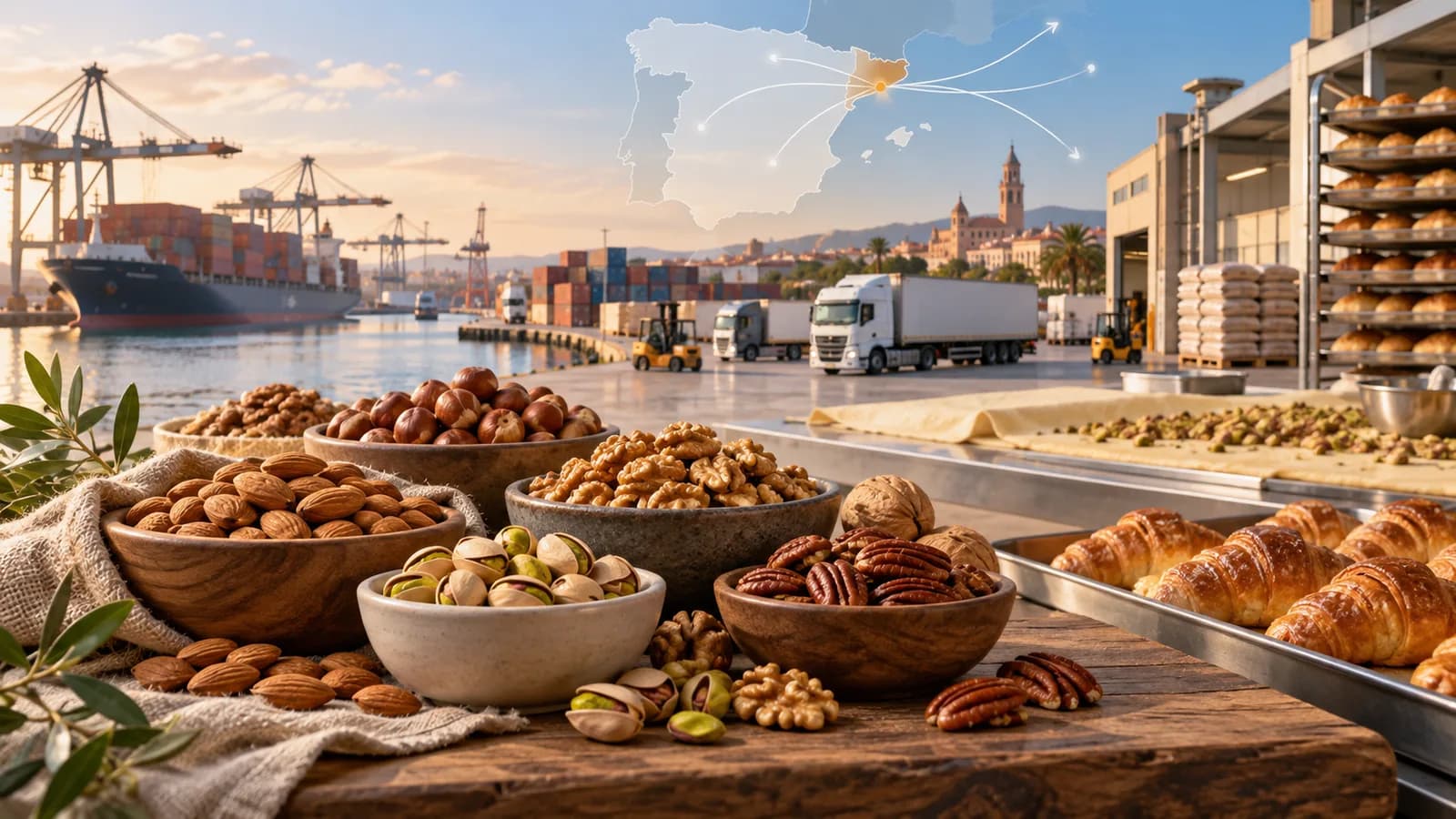 Frutos secos premium —almendras, pistachos, nueces y pecanas— junto a bollería de repostería industrial, con un puerto de contenedores y el mapa de España al fondo, representando la importación de frutos secos hacia el mercado español