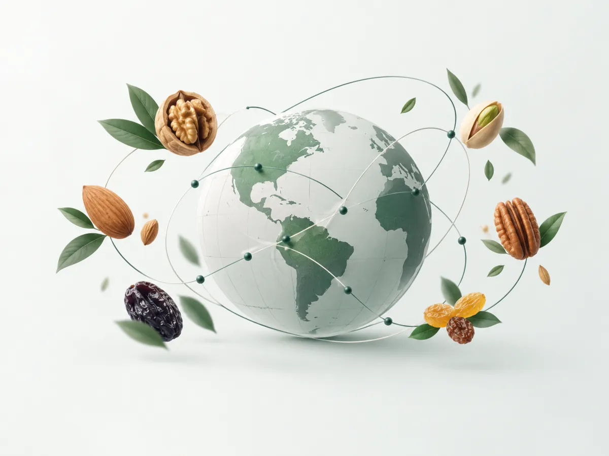 Global presence Globe with South America in the foreground, linked by trade routes to walnut, almond, pistachio, pecan, prune and raisins